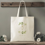 Bolso De Tela Monograma verde y Boda de oro<br><div class="desc">Bolsa de tote boda diseñada por personalizados con una elegante cortina de color de agua con monograma y fecha personalizados.</div>