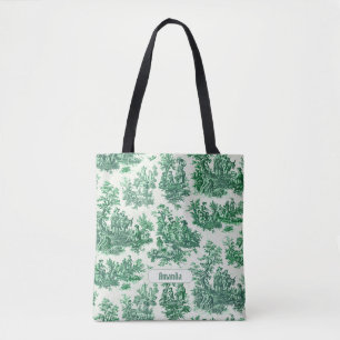 Bolso De Tela Monograma vintage de tela verde floral jouy