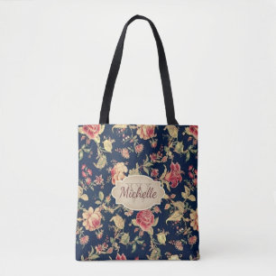 Bolso De Tela Monograma y nombre color de rosa azules florales