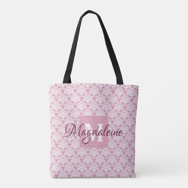 Bolso De Tela Monograma y nombre de Damasco de Moda floral rosa  (Reverso)