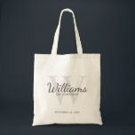 Bolso De Tela Monograma y nombre de Groomsmen con guión personal<br><div class="desc">Añada un toque personal a su boda con una bolsa de tocador personalizada. Este bolso de tote presenta el nombre personalizado del groomsman en estilo de letra gris clásico con detalles bodas en estilo de fuente serif gris clásico y monograma en estilo de fuente serif gris claro clásico como fondo,...</div>