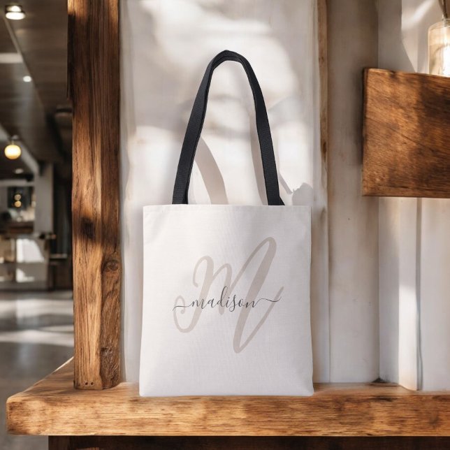 Bolso De Tela Monograma y nombre de guión estilo Boho en beige (Subido por el creador)