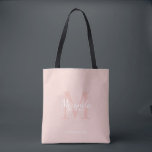 Bolso De Tela Monograma y nombre de la dama de honor personaliza<br><div class="desc">Los regalos personalizados de Bridesmaids presentan el nombre personalizado de la dama de honor en el estilo de tipo de letra blanco clásico y monograma en el estilo de tipo de letra serif rosa clásico y rosa negro como fondo con título y fecha boda en el estilo de tipo de...</div>