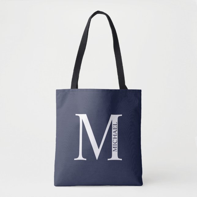 Bolso De Tela Monograma y nombre personalizados del azul marino (Anverso)
