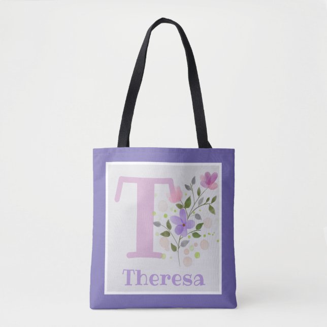 Bolso De Tela Monograma y nombre Teresa con flores (Anverso)