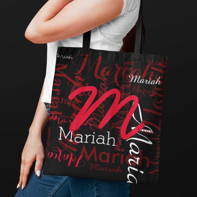Bolso De Tela Monograma y nombres rojos en negro (overlapping names)