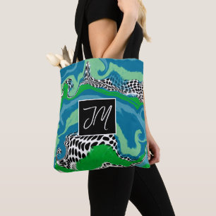 Bolso De Tela Monogramación de arte de fluido verde azul y salad