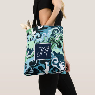 Bolso De Tela Monogramación de arte de mármol verde azul y sabio