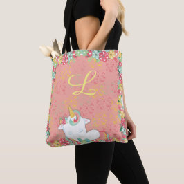 Bolso De Tela Monogramación de unicornio y flores adorables