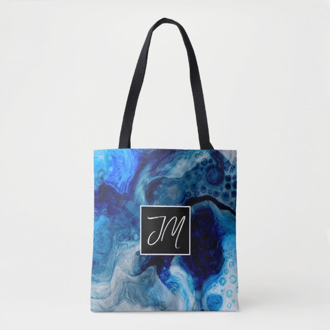 Bolso De Tela Monogramación del arte del fluido de mármol blanco (Anverso)