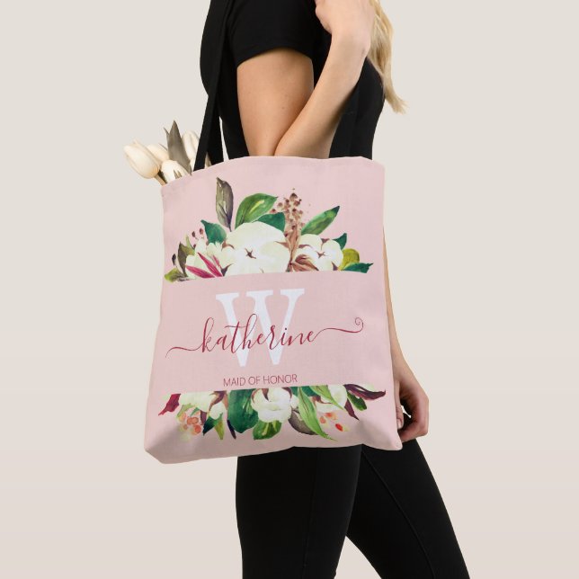Bolso De Tela Monogramada empleada de honor floral (Detalle)