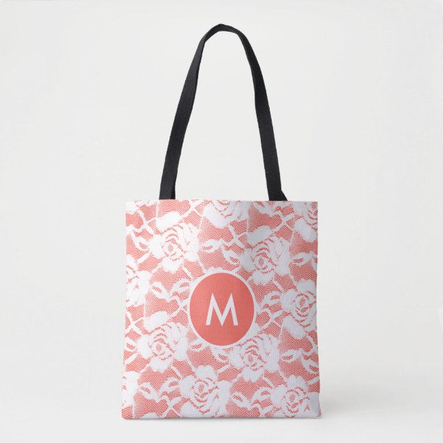 Bolso De Tela Monogramado de coral de encaje blanco ventilado (Anverso)