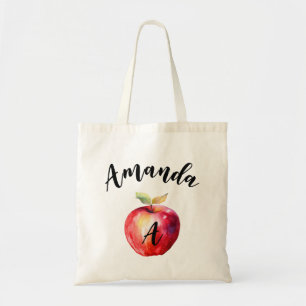 Bolso De Tela Monogramado de nombre curvo de Apple rojo acuarela