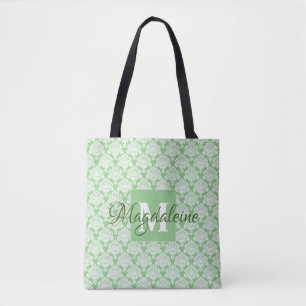 Bolso De Tela Monogramado de Sage Green & White Frilly Damask