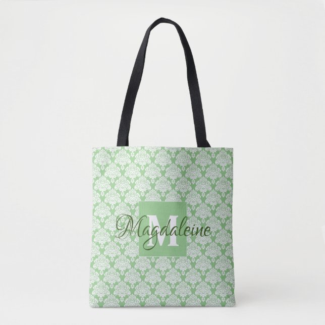 Bolso De Tela Monogramado de Sage Green & White Frilly Damask (Anverso)