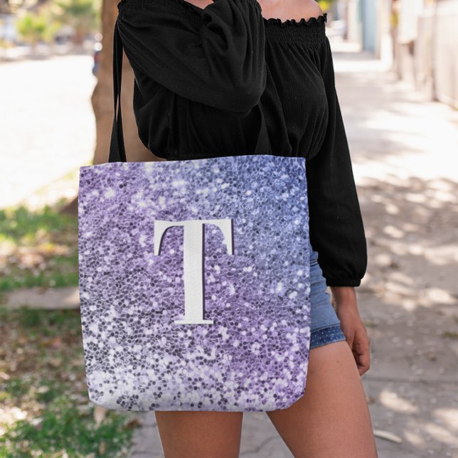 Bolso De Tela Monogramado Purpurina morado de Ombre Chunky (Purple Periwinkle Ombre Chunky Glitter Monogram Tote Bag)