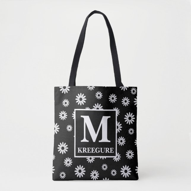 Bolso De Tela Monogrammed Classic Serif BW Daisies (Anverso)