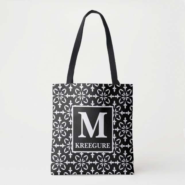 Bolso De Tela Monogramo clásico Serif BW Flora Damask (Anverso)