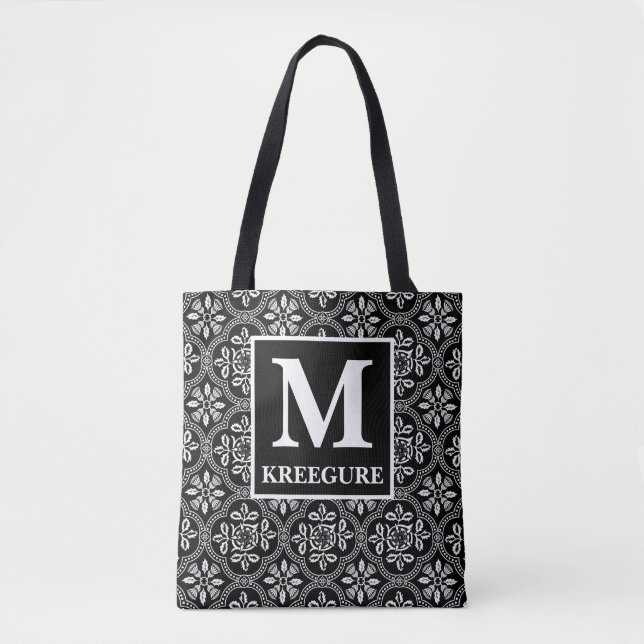 Bolso De Tela Monogramo clásico Serif BW Thistle Damask (Anverso)