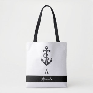 Bolso De Tela Monogramo de silueta de ancla blanca y negra moder