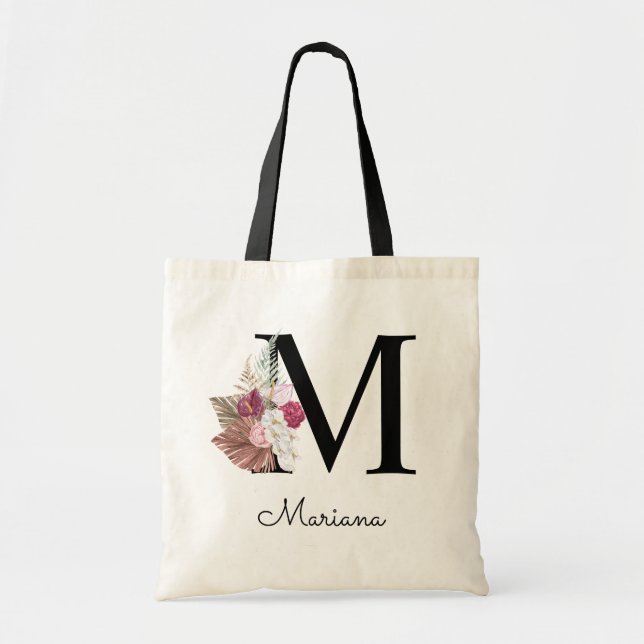 Bolso De Tela Monogramo inicial M Pink Boho Floral (Frente)