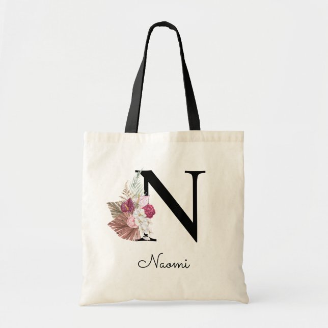 Bolso De Tela Monogramo Pink Boho Girly Floral Inicial N (Frente)