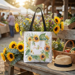 Bolso De Tela Monomograma Personalizado Floral de Girasol en Acu
