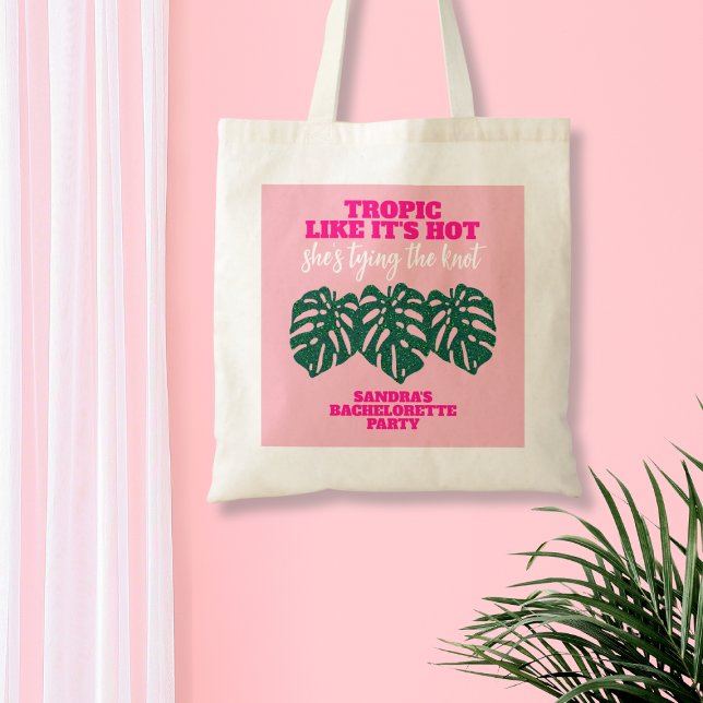 Bolso De Tela Monstera Bachelorette, Purpurina rosa tropical (Tropical Pink Glitter Monstera Bachelorette Party Tote Bag)
