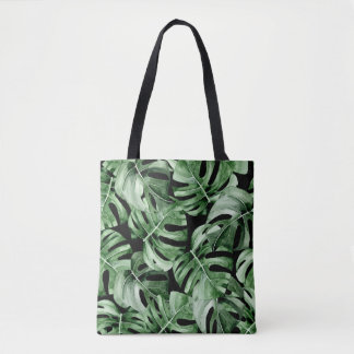 Bolso De Tela Monstera Oscura: Impresión de acuarela tropical.
