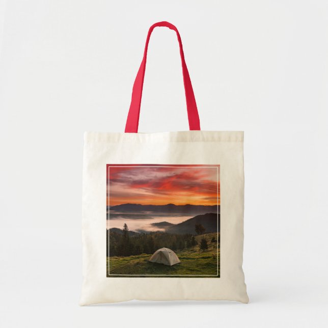 Bolso De Tela Montañas | Amanecer de niebla de acampada (Frente)