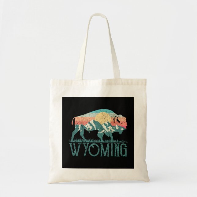 Bolso De Tela Montañas Bison Buffalo Retro WY Wyoming Larga Flot (Frente)