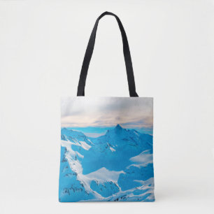 Bolso De Tela Montañas con picos de nieve y nieve al atardecer,a