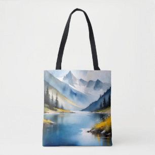 Bolso De Tela Montañas cubiertas de nieve y un lago