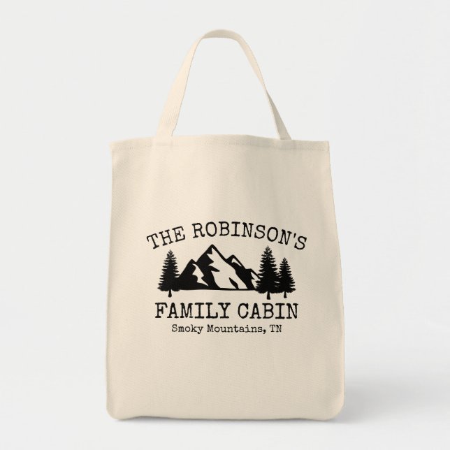Bolso De Tela Montañas familiares de árboles de cabaña Silhouett (Frente)
