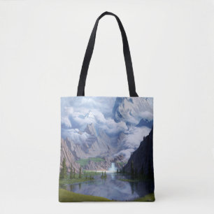 Bolso De Tela Montañas lago cascada arte digital 3D ilustrativo