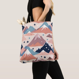 Bolso De Tela Montañas nevadas y patrón de estrellas rosadas lin