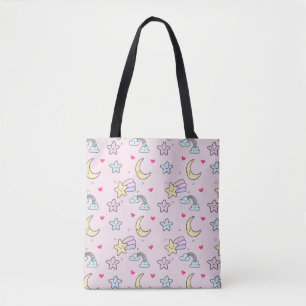 Bolso De Tela Moon, Stars and Clouds Pattern en rosa pastel