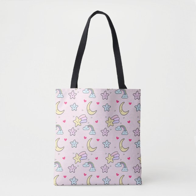 Bolso De Tela Moon, Stars and Clouds Pattern en rosa pastel (Anverso)