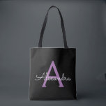 Bolso De Tela Morado Black Girly Script Monograma Nombre moderno<br><div class="desc">Elegante negro y morado Añadir tu propio nombre Bolsa de libros monograma. Esta Bolsa de Libros puede ser personalizada para incluir su nombre inicial y de pila y entregarse como regalo para Navidades,  Dulce 16 Cumpleaños,  Ducha de Novias o un Boda.</div>
