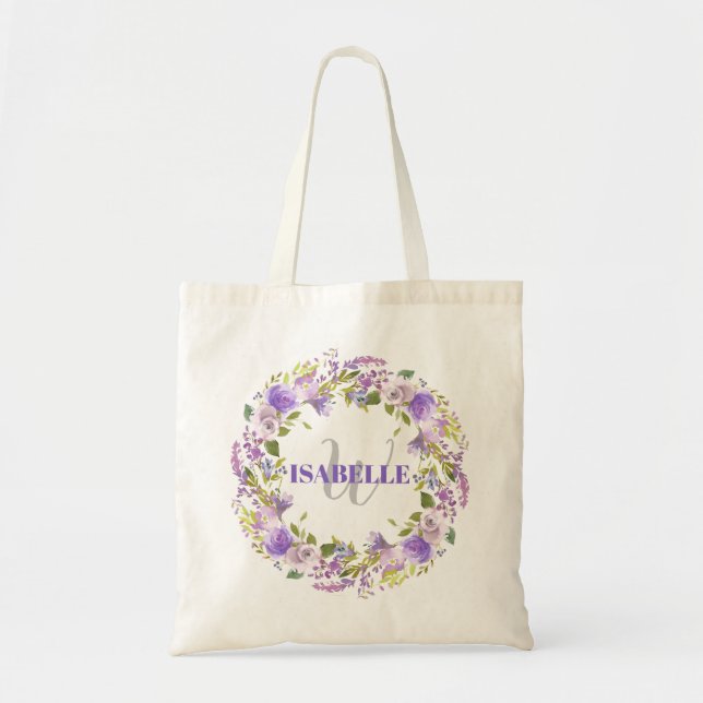 Bolso De Tela Morado Blanco acuarela Floral Monograma Nombre (Frente)