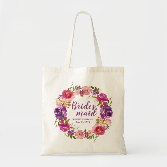 Bolso De Tela Morado Floral Personalizada Bridesmaid Totebag (Frente)
