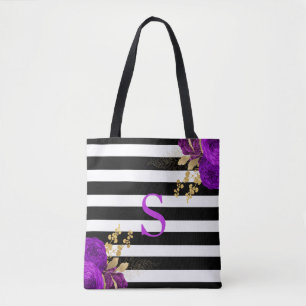Bolso De Tela Morado Oro Floral Monograma Black White Stripes