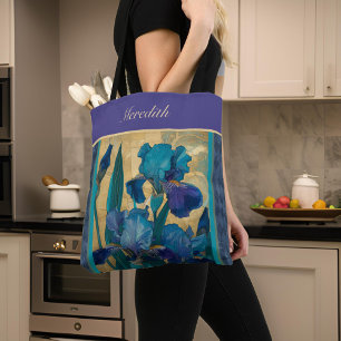 Bolso De Tela Morado Verde azulado Oro Vintage Floral Iris Monog