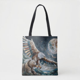 Bolso De Tela Mosaic Ai Art | Oso marrón y una luna llena de águ