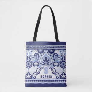 Bolso De Tela Mosaico azul y blanco Talavera mexicana