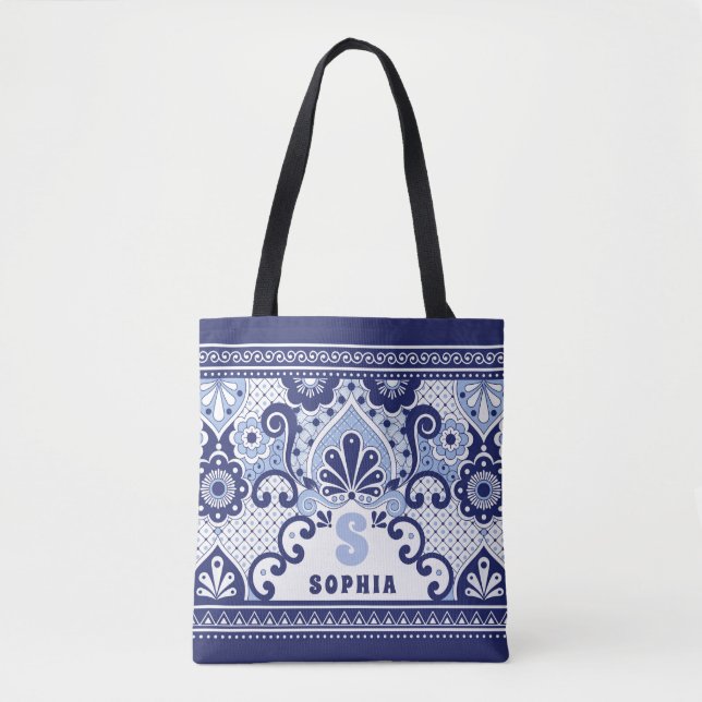 Bolso De Tela Mosaico azul y blanco Talavera mexicana (Anverso)