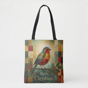 Bolso De Tela Mosaico de Navidad Robin Pájaro Acebo Baya 