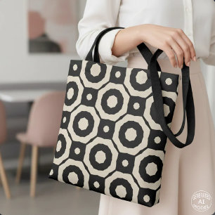 Bolso De Tela Mosaico de Patrón Geométrico Negro y Beige Chic Mo