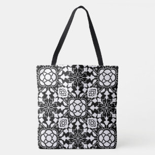 Bolso De Tela Mosaico floral marroquí, negro y blanco