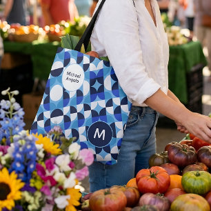 Bolso De Tela Mosaico Geométrico Azul Bauhaus Monograma Nombre P